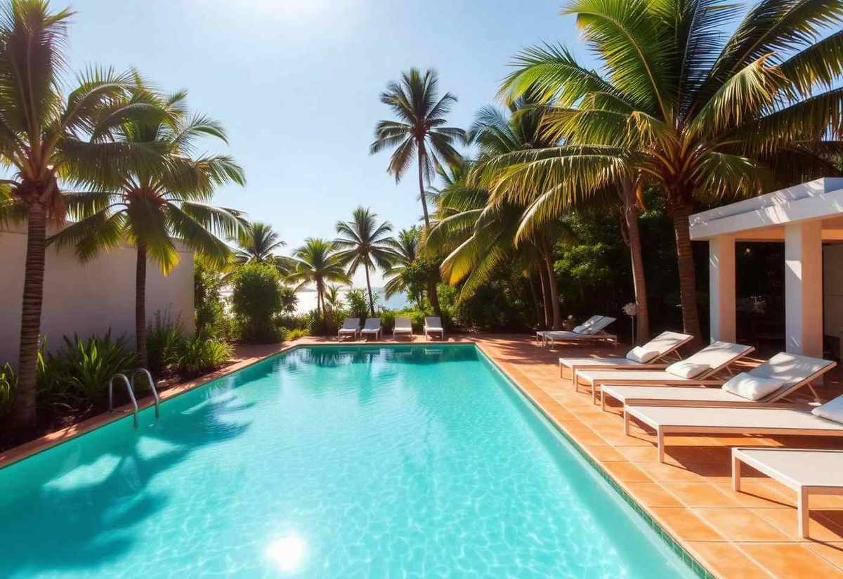Outdoor pool surrounded by palm trees and sun loungers